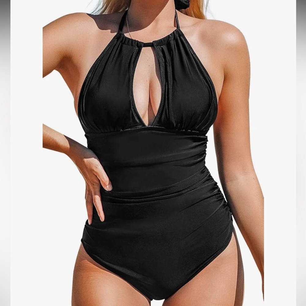 CUPSHE One Piece Halter Neck Black Swimsuit Small S NWT New